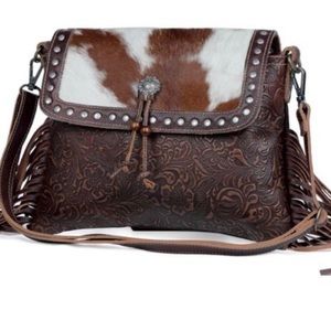 MYRA BAG Cowhide Leather Hand-Tooled Concho Fringe Boho Crossbody